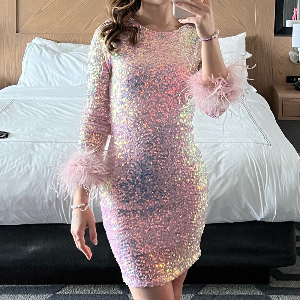 Pink Sequin Dress with Feather Cuffs - PERFECT FOR ERAS TOUR!